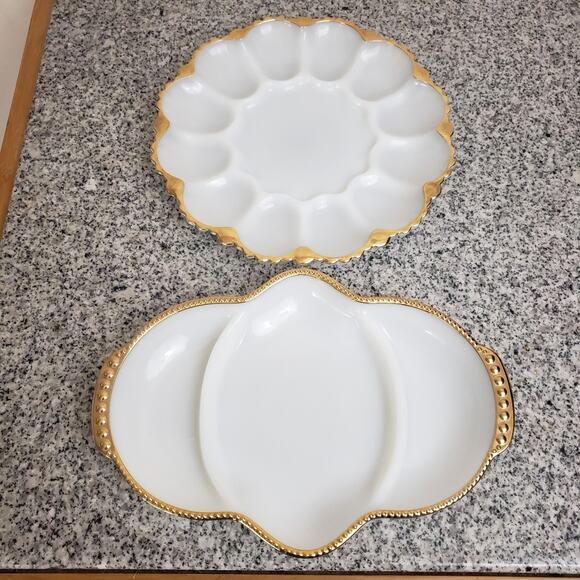 Lot of 2 Anchor Hocking Fire King Milk Glass Deviled Egg Gold Trim + Relish Tray - Picture 1 of 12